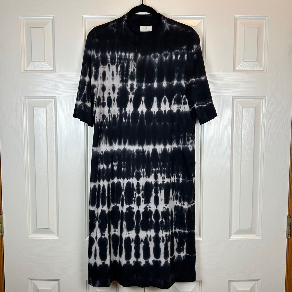 Anthropologie t.la Black White Tie Dye Mock Neck T-Shirt Dress Size L